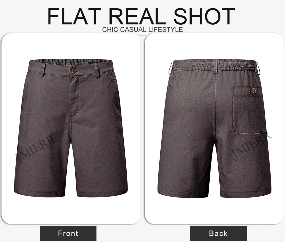 JMIERR Mens Casual 8" Cotton Linen Shorts - Button Waist Summer Beach Shorts with Pockets
