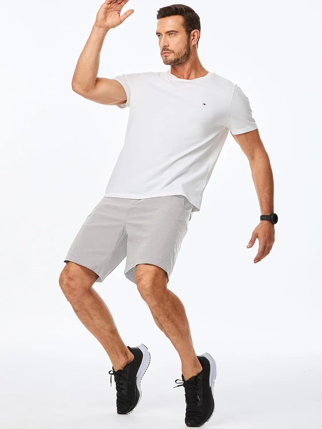 JMIERR Mens Casual 8" Cotton Linen Shorts - Button Waist Summer Beach Shorts with Pockets