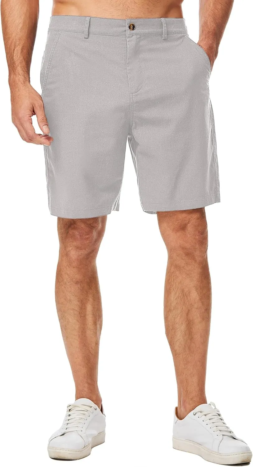JMIERR Mens Casual 8" Cotton Linen Shorts - Button Waist Summer Beach Shorts with Pockets