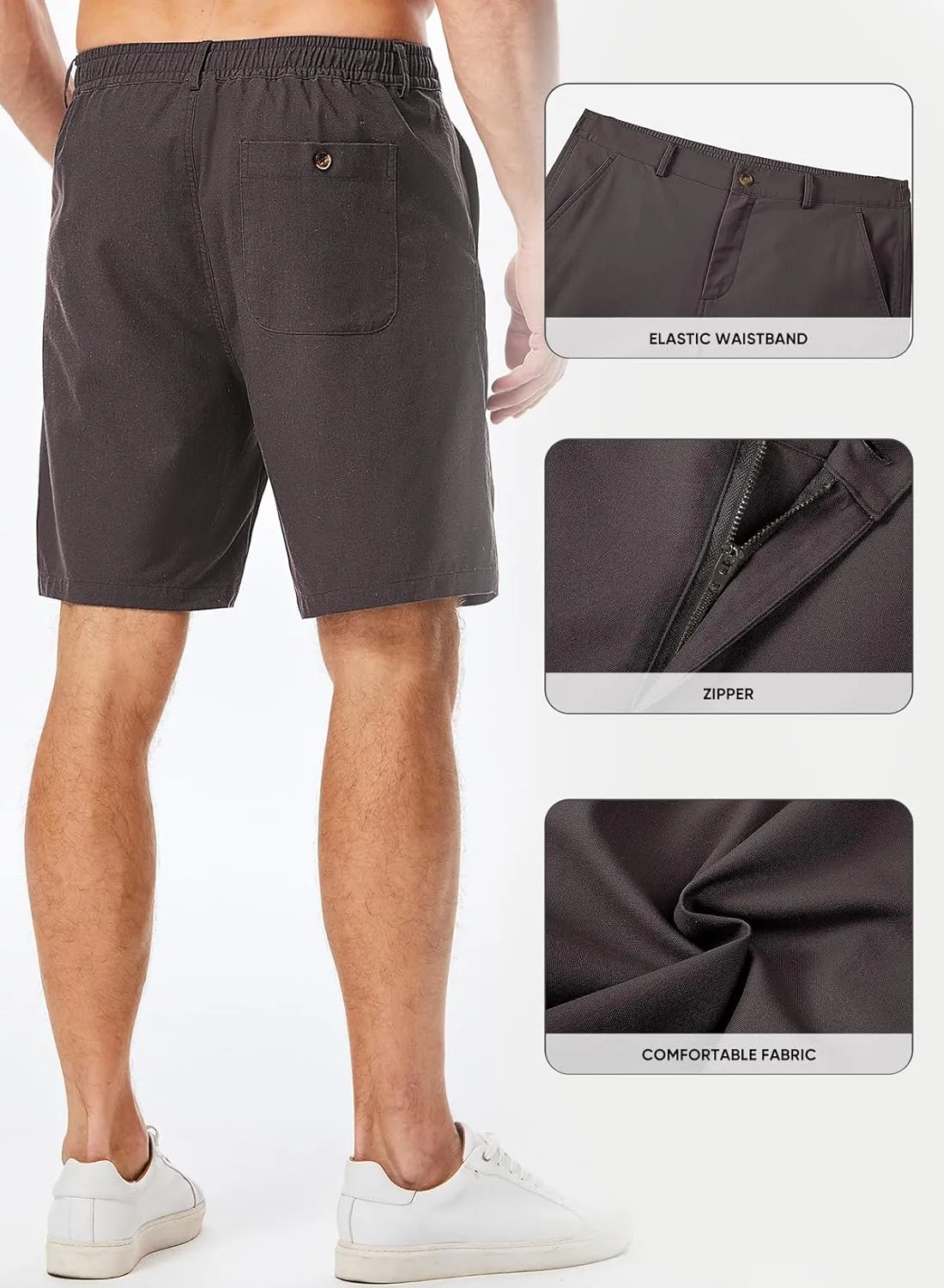 JMIERR Mens Casual 8" Cotton Linen Shorts - Button Waist Summer Beach Shorts with Pockets