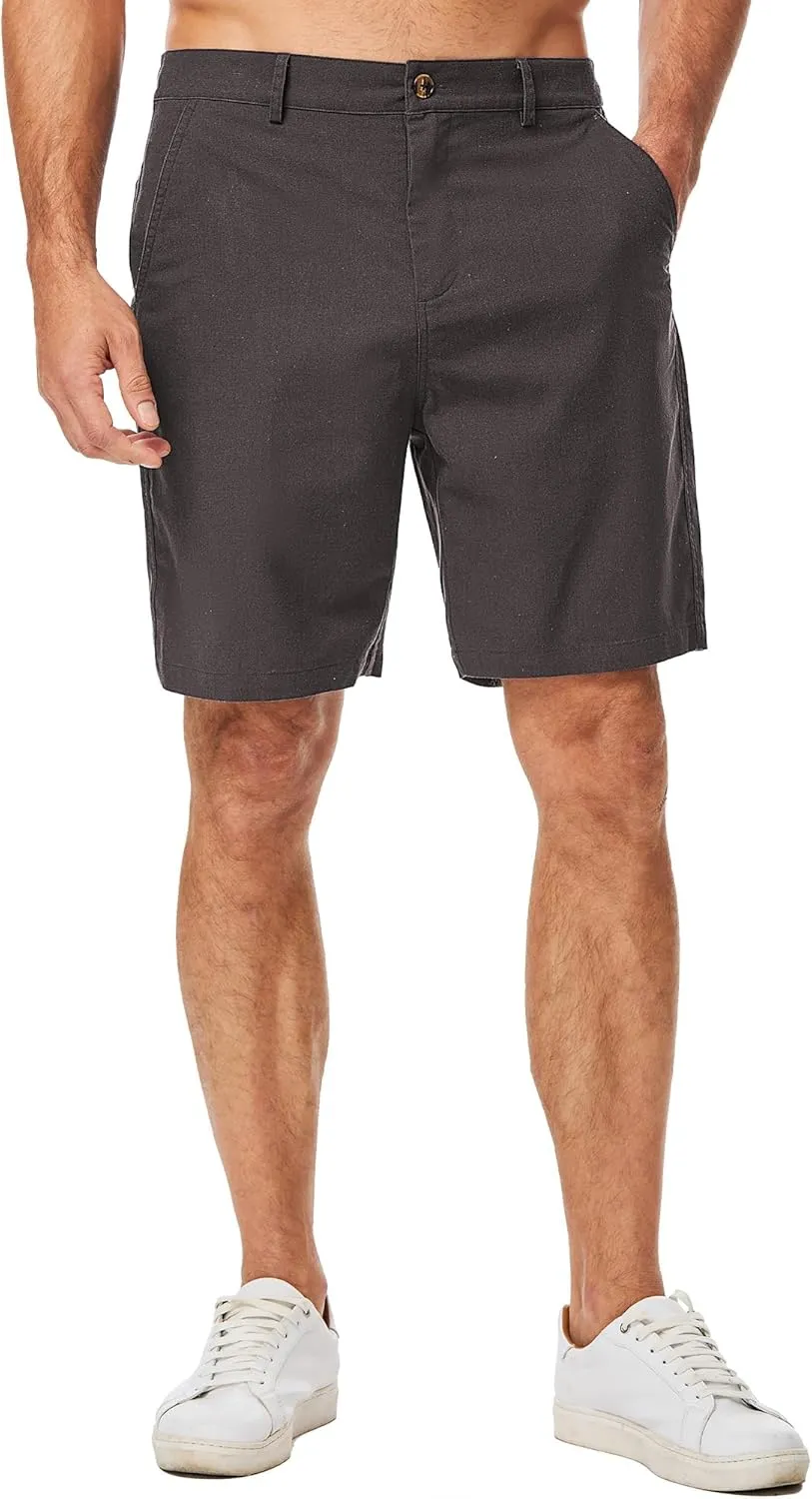 JMIERR Mens Casual 8" Cotton Linen Shorts - Button Waist Summer Beach Shorts with Pockets