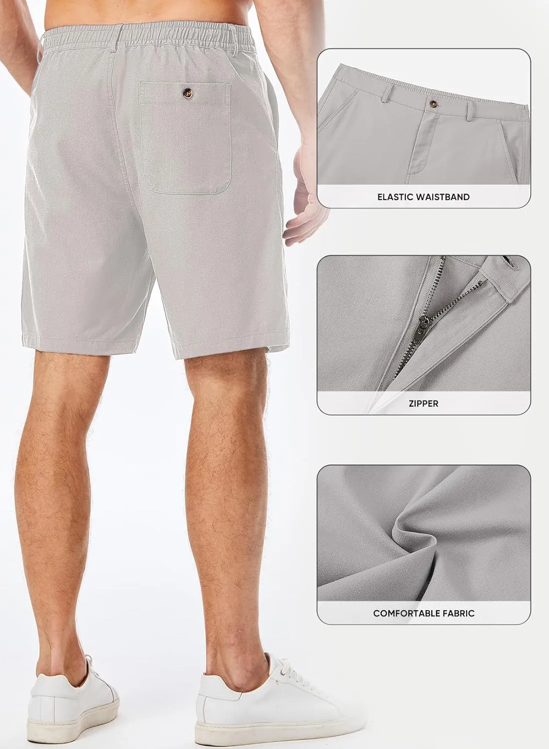 JMIERR Mens Casual 8" Cotton Linen Shorts - Button Waist Summer Beach Shorts with Pockets