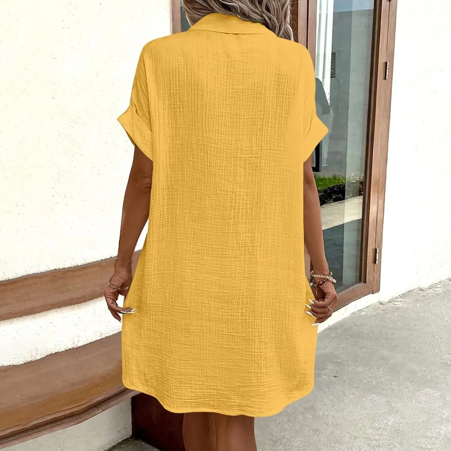 Linen Blend Dress Women Summer Beach Short Sleeve Knee Length Casual Dresses with Pockets Vintage Swimsuit Coverup Shirt