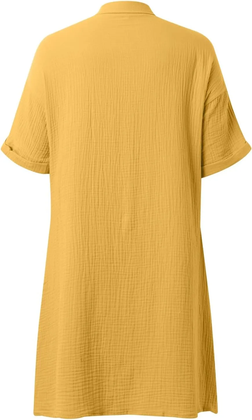 Linen Blend Dress Women Summer Beach Short Sleeve Knee Length Casual Dresses with Pockets Vintage Swimsuit Coverup Shirt