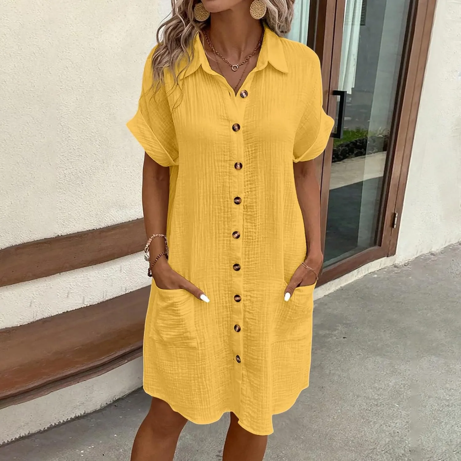 Linen Blend Dress Women Summer Beach Short Sleeve Knee Length Casual Dresses with Pockets Vintage Swimsuit Coverup Shirt