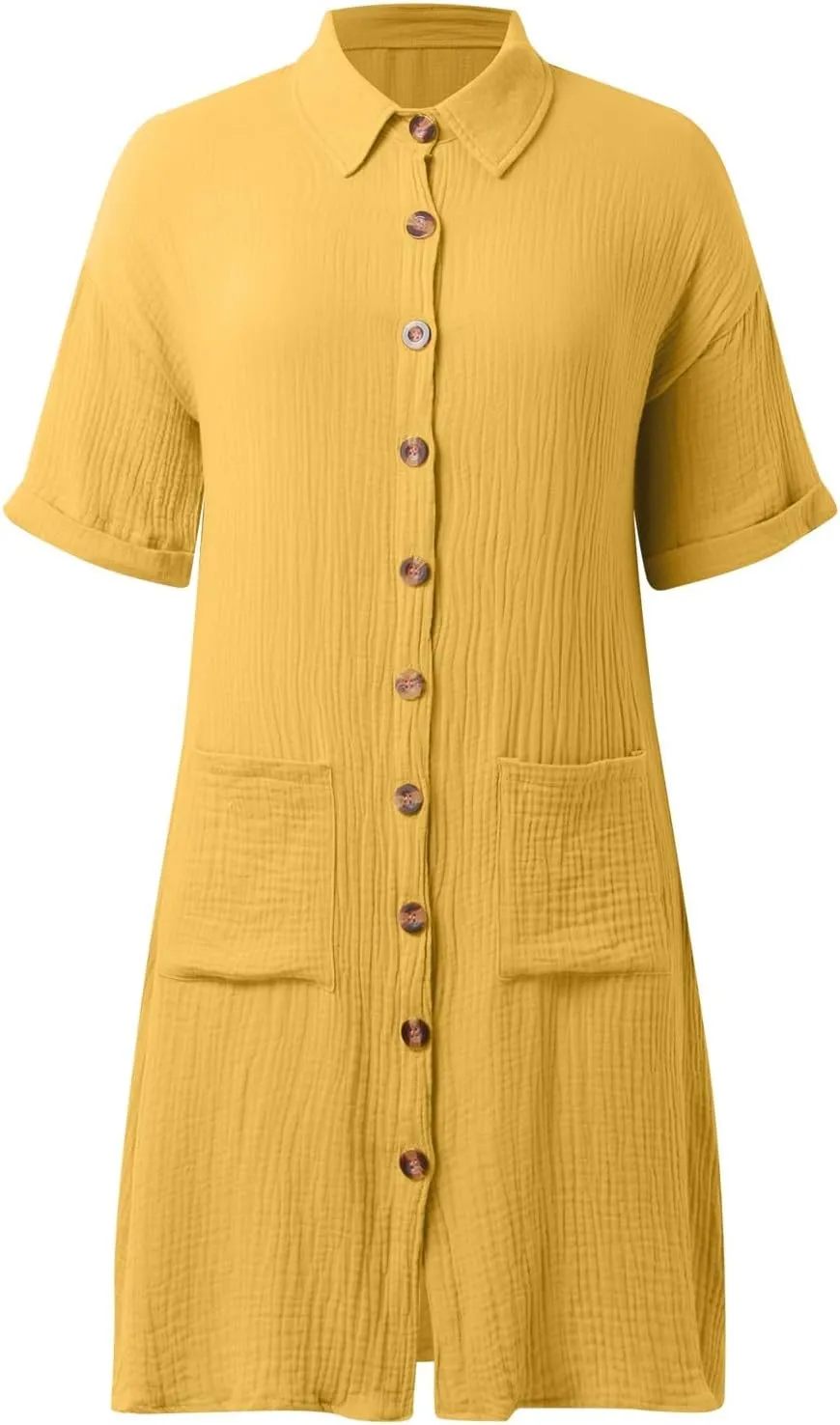 Linen Blend Dress Women Summer Beach Short Sleeve Knee Length Casual Dresses with Pockets Vintage Swimsuit Coverup Shirt