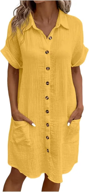 Linen Blend Dress Women Summer Beach Short Sleeve Knee Length Casual Dresses with Pockets Vintage Swimsuit Coverup Shirt