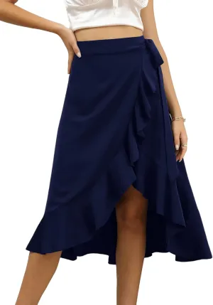 LYANER Women's Boho Floral Print Wrap Front Self Tie Knots Ruffle Hem Split Midi Skirt