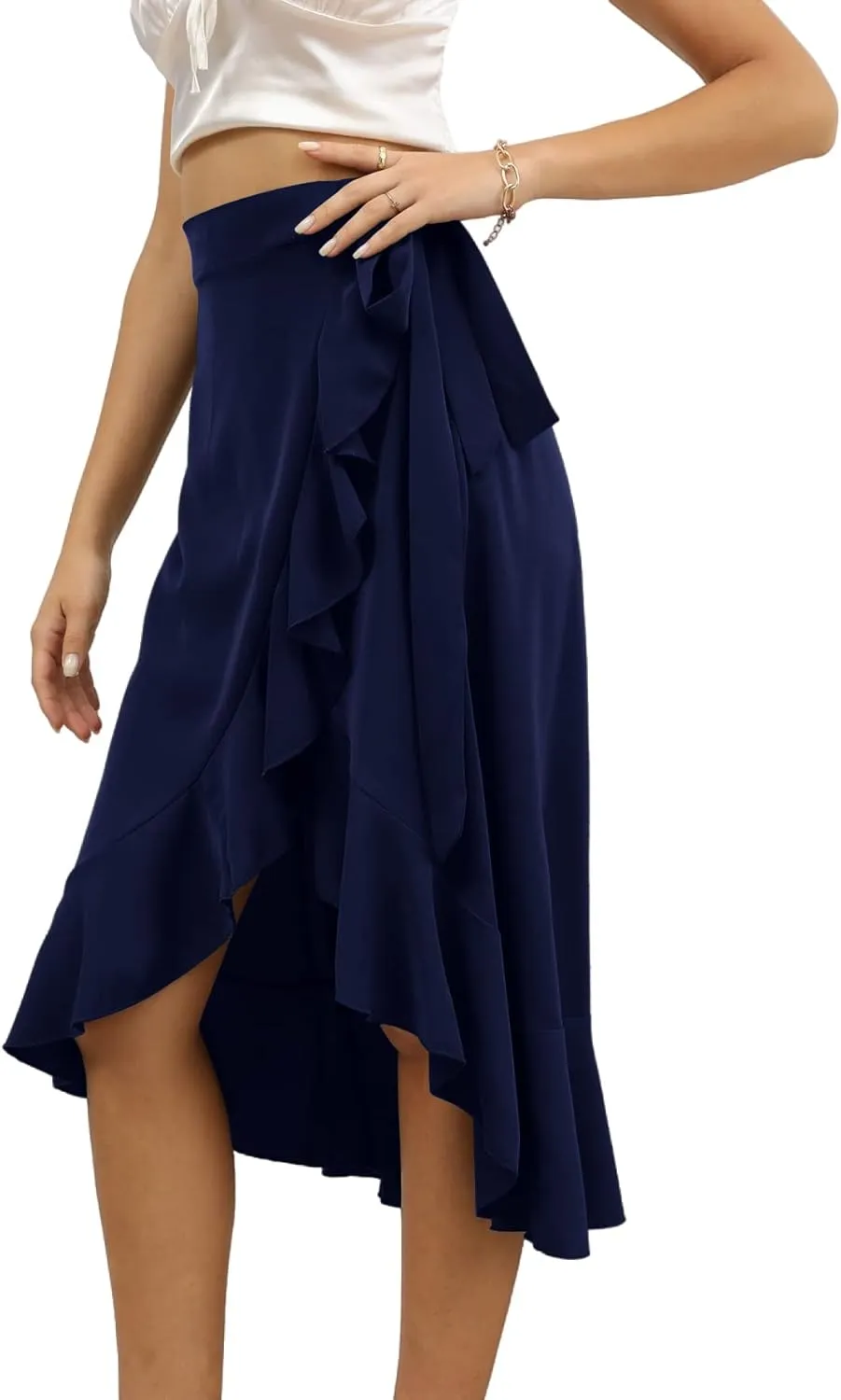 LYANER Women's Boho Floral Print Wrap Front Self Tie Knots Ruffle Hem Split Midi Skirt