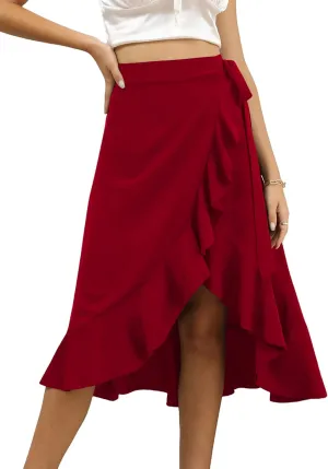 LYANER Women's Boho Floral Print Wrap Front Self Tie Knots Ruffle Hem Split Midi Skirt