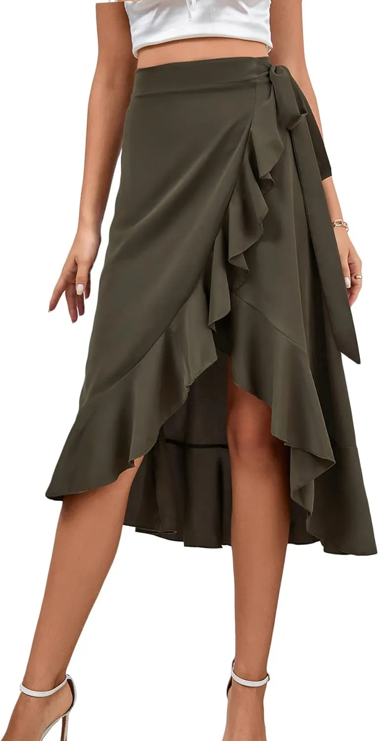 LYANER Women's Boho Floral Print Wrap Front Self Tie Knots Ruffle Hem Split Midi Skirt