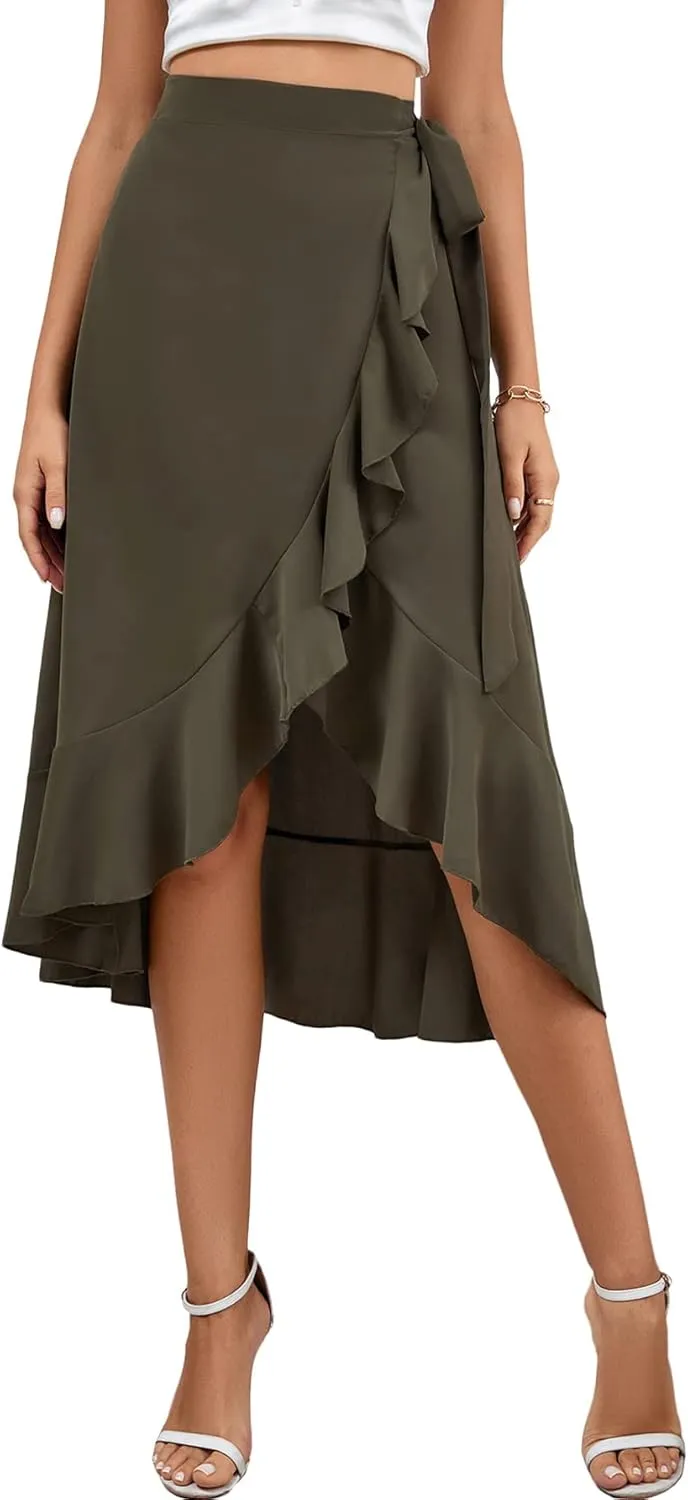LYANER Women's Boho Floral Print Wrap Front Self Tie Knots Ruffle Hem Split Midi Skirt