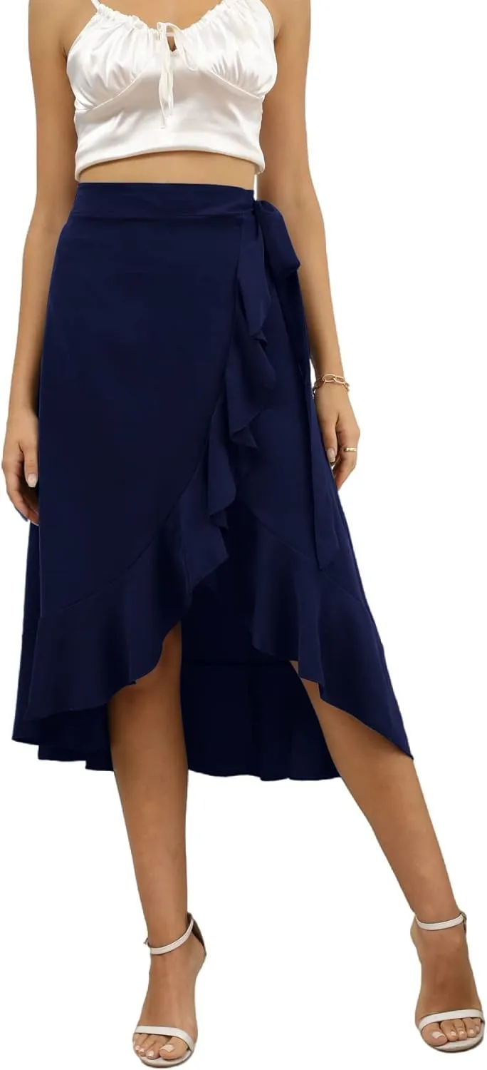 LYANER Women's Boho Floral Print Wrap Front Self Tie Knots Ruffle Hem Split Midi Skirt