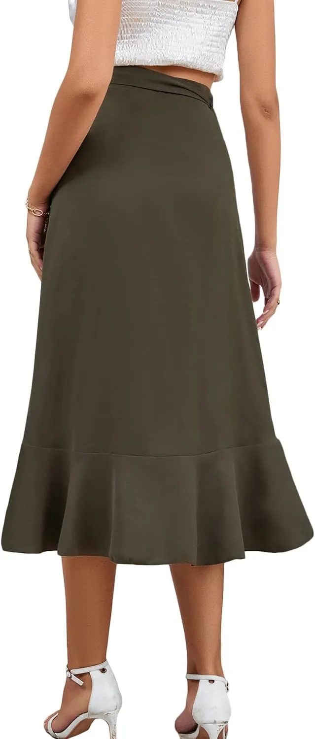 LYANER Women's Boho Floral Print Wrap Front Self Tie Knots Ruffle Hem Split Midi Skirt