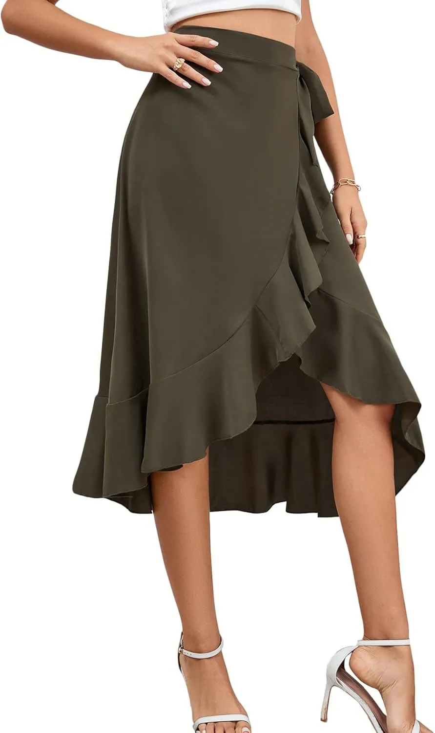 LYANER Women's Boho Floral Print Wrap Front Self Tie Knots Ruffle Hem Split Midi Skirt