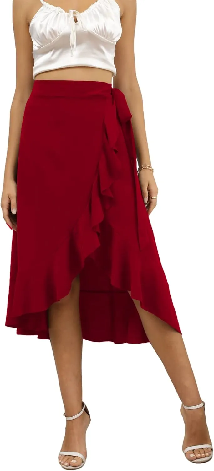LYANER Women's Boho Floral Print Wrap Front Self Tie Knots Ruffle Hem Split Midi Skirt