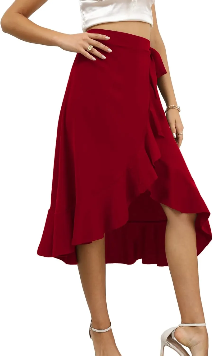 LYANER Women's Boho Floral Print Wrap Front Self Tie Knots Ruffle Hem Split Midi Skirt