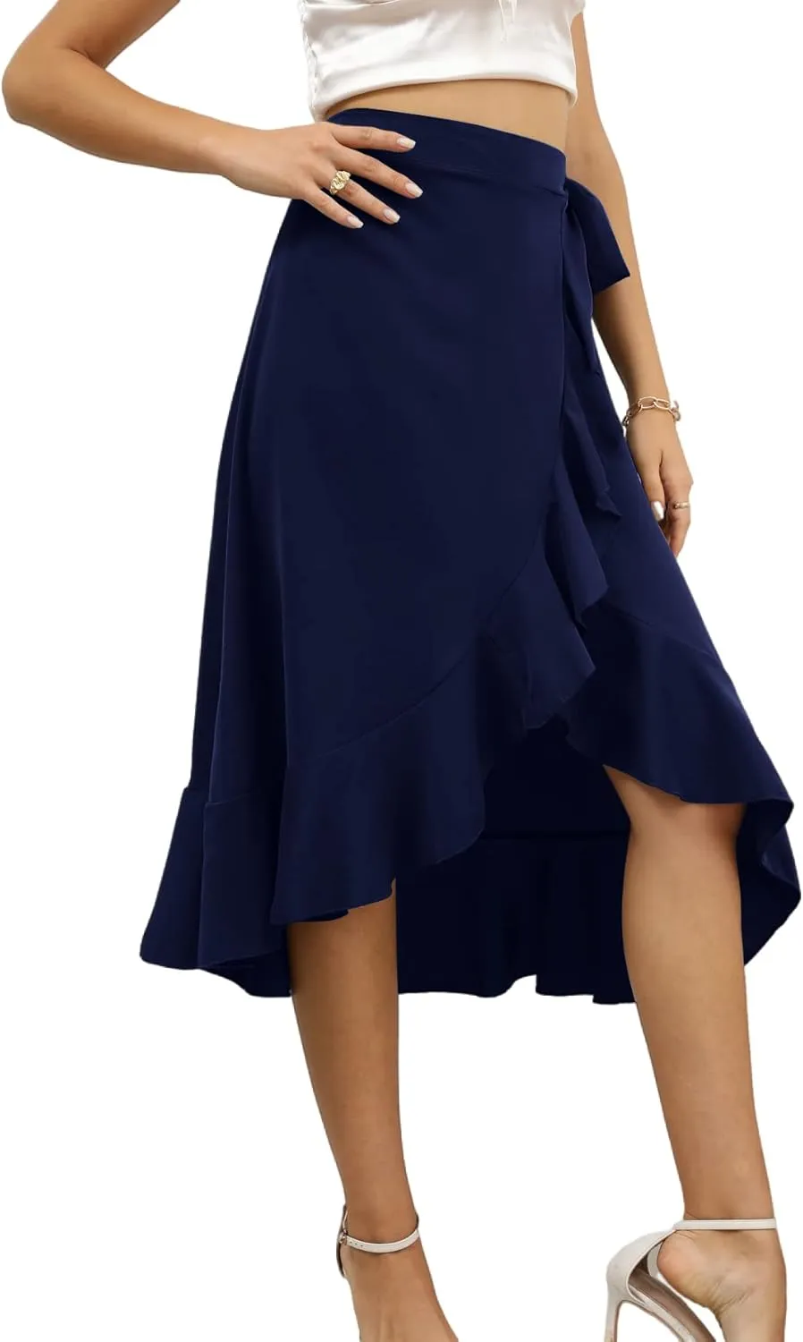 LYANER Women's Boho Floral Print Wrap Front Self Tie Knots Ruffle Hem Split Midi Skirt