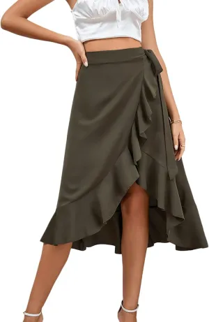 LYANER Women's Boho Floral Print Wrap Front Self Tie Knots Ruffle Hem Split Midi Skirt
