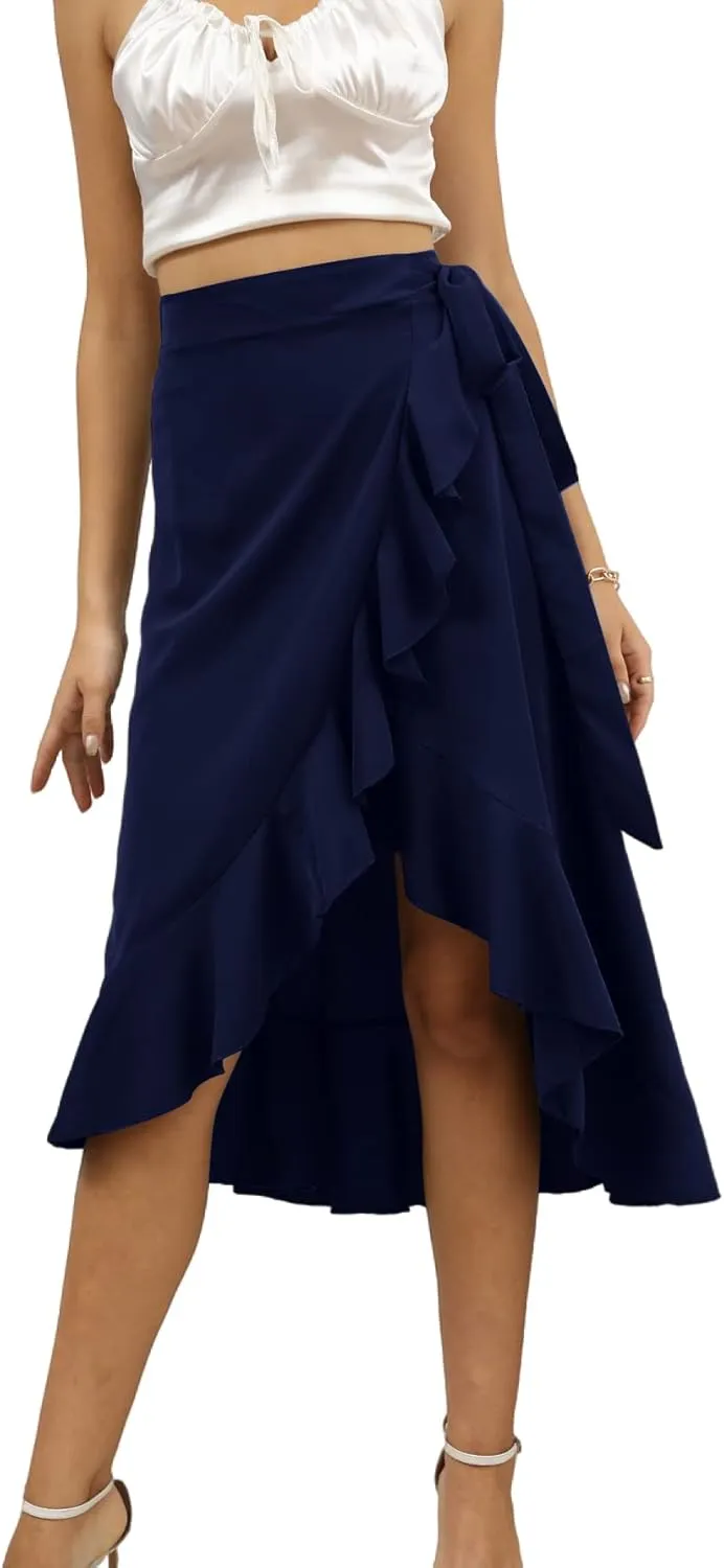 LYANER Women's Boho Floral Print Wrap Front Self Tie Knots Ruffle Hem Split Midi Skirt