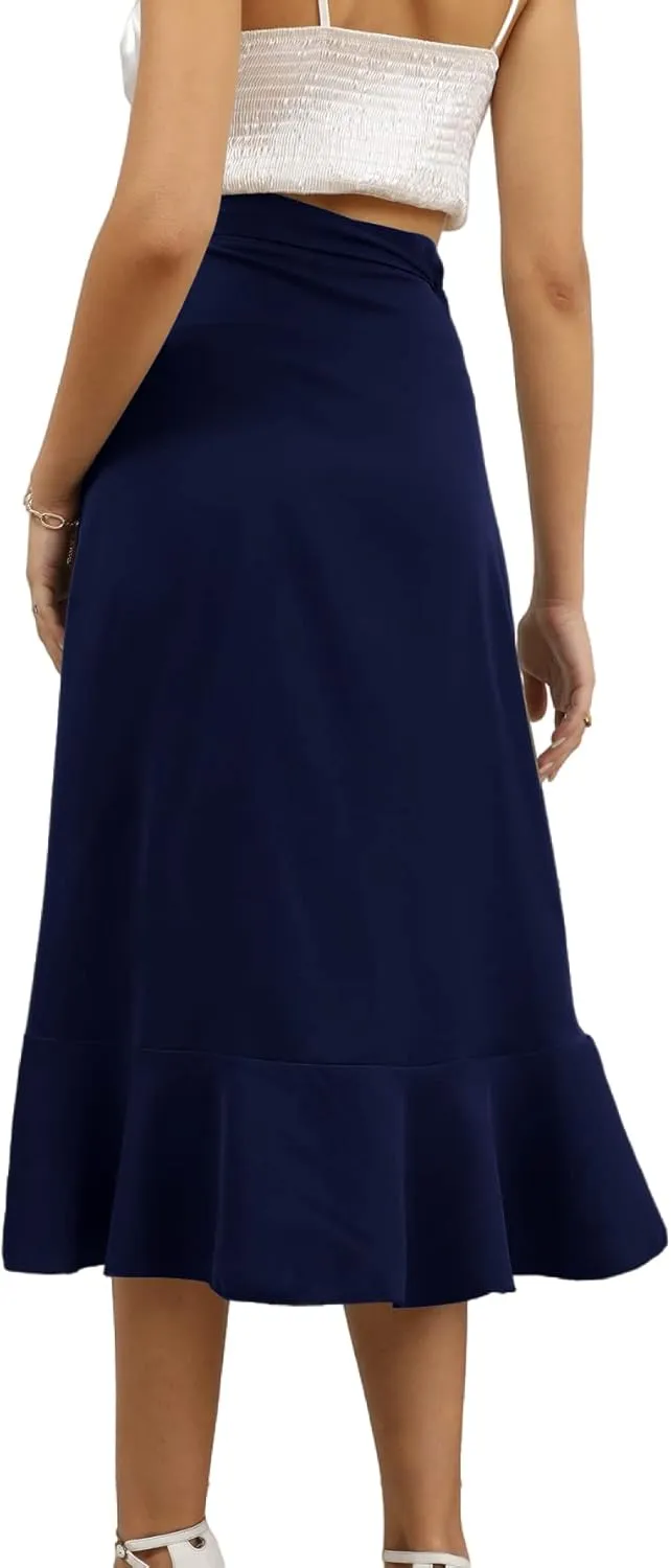 LYANER Women's Boho Floral Print Wrap Front Self Tie Knots Ruffle Hem Split Midi Skirt