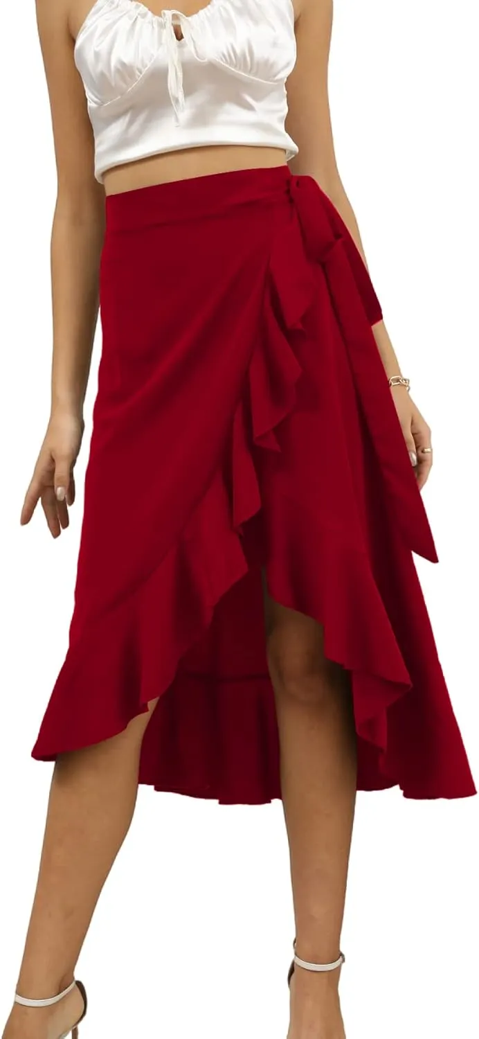 LYANER Women's Boho Floral Print Wrap Front Self Tie Knots Ruffle Hem Split Midi Skirt
