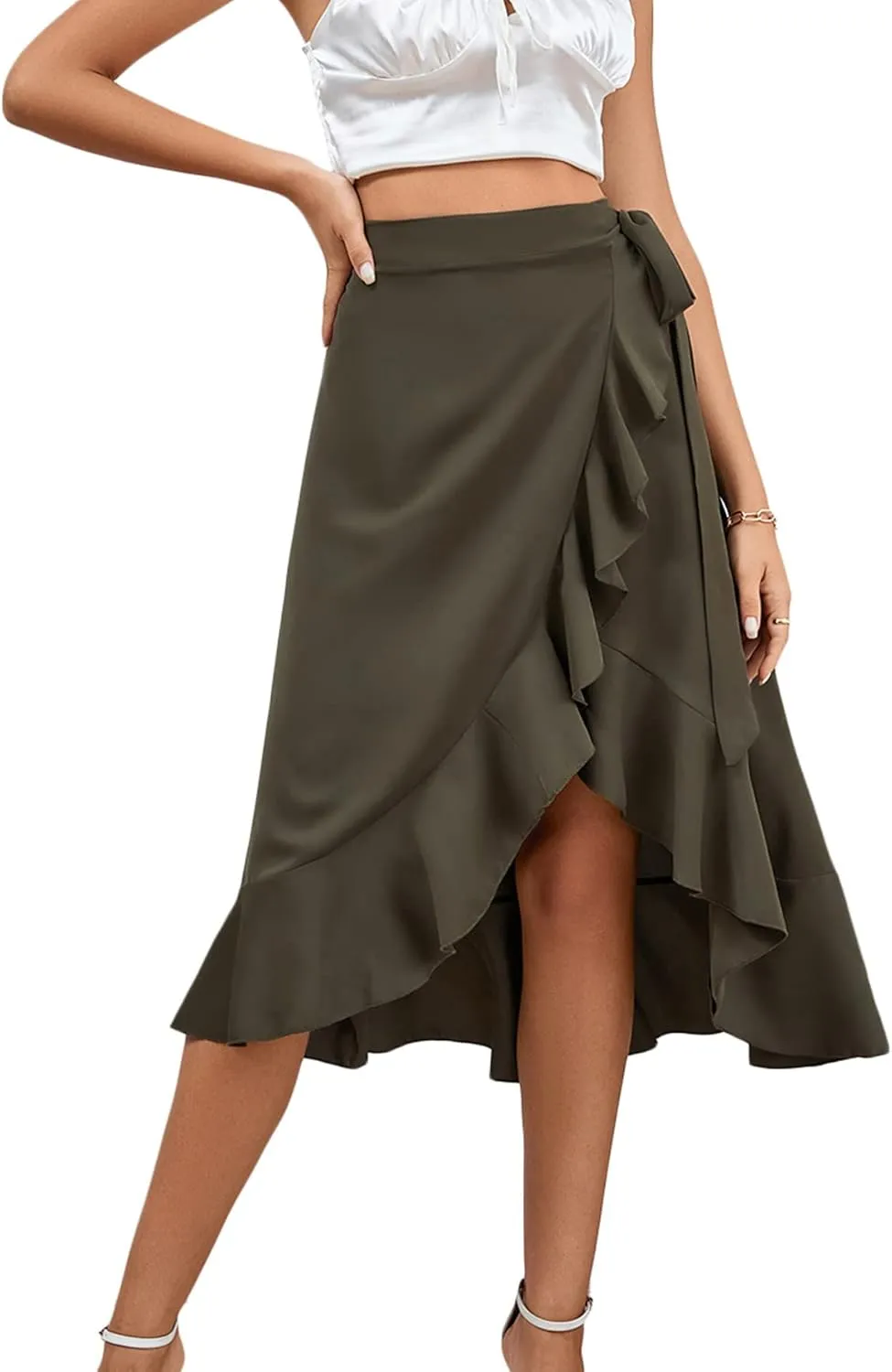 LYANER Women's Boho Floral Print Wrap Front Self Tie Knots Ruffle Hem Split Midi Skirt
