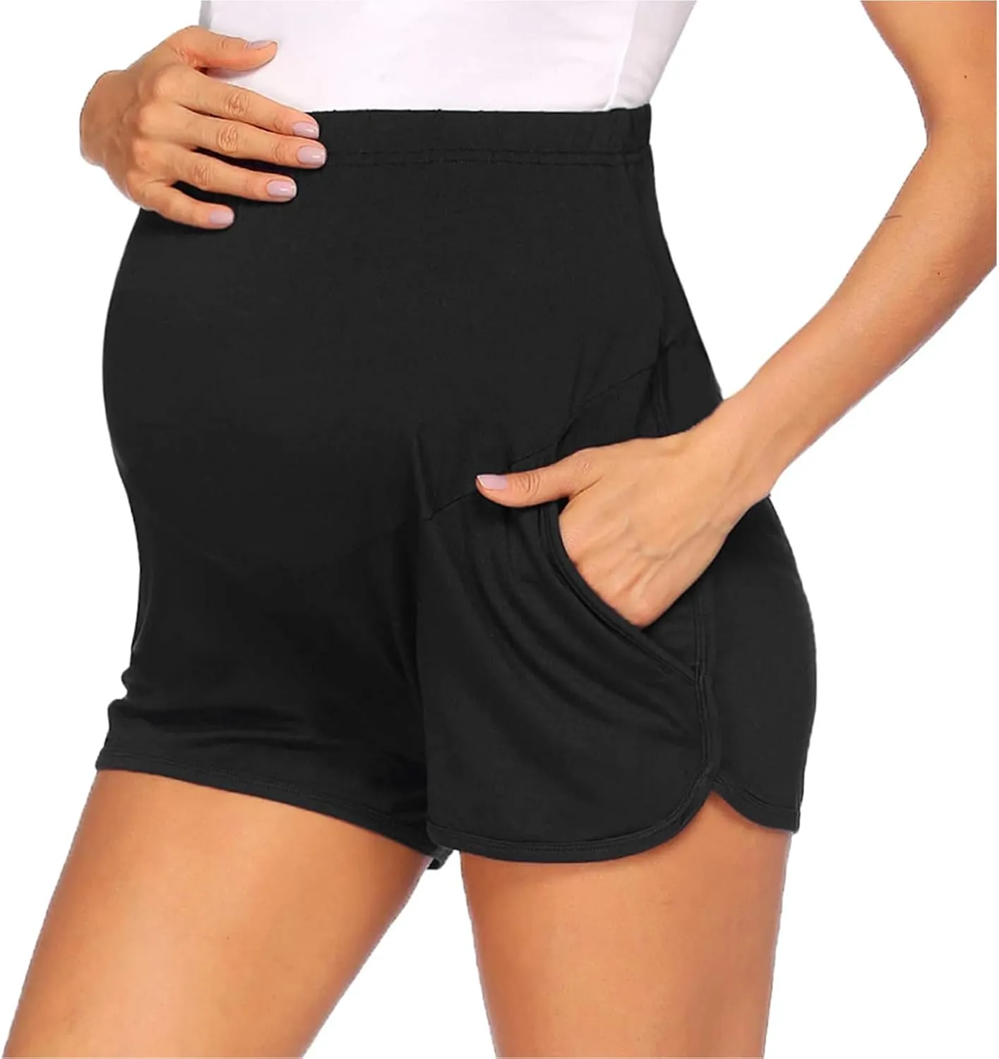 Maternity Workout Shorts Comfy Pregnancy Pants Over Belly Strerchy Maternity Activewear Jogger Lounge Pajama Shorts with Pockets(Black, Medium)