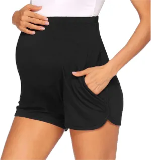 Maternity Workout Shorts Comfy Pregnancy Pants Over Belly Strerchy Maternity Activewear Jogger Lounge Pajama Shorts with Pockets(Black, Medium)