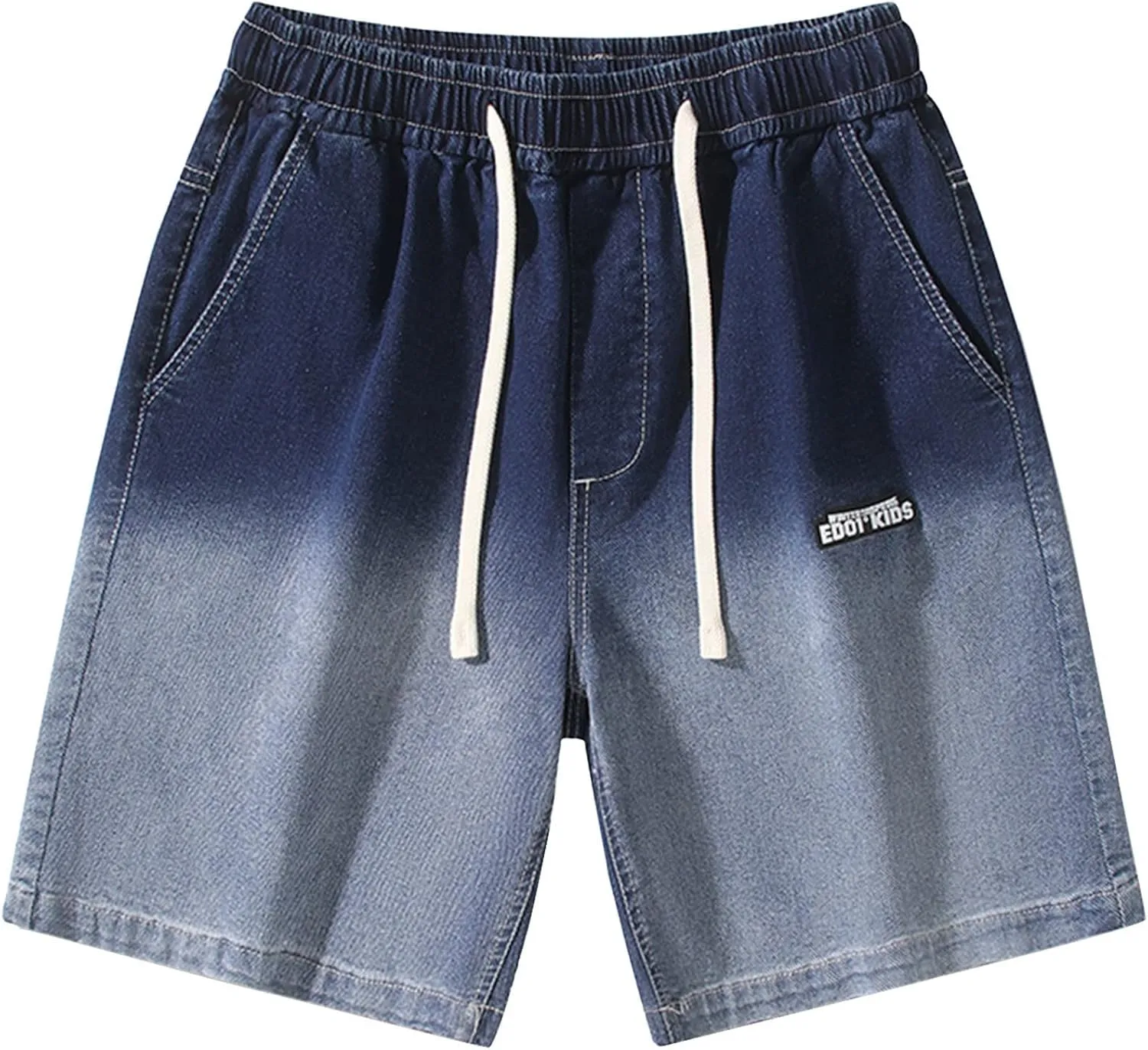 Mens Casual Denim Shorts Elastic Waist Drawstring Wide Leg Loose Fit Blue Color Rolled Hem Washed Summer Shorts