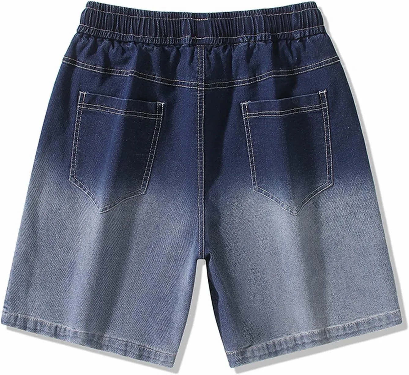 Mens Casual Denim Shorts Elastic Waist Drawstring Wide Leg Loose Fit Blue Color Rolled Hem Washed Summer Shorts