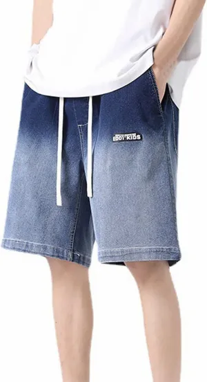 Mens Casual Denim Shorts Elastic Waist Drawstring Wide Leg Loose Fit Blue Color Rolled Hem Washed Summer Shorts