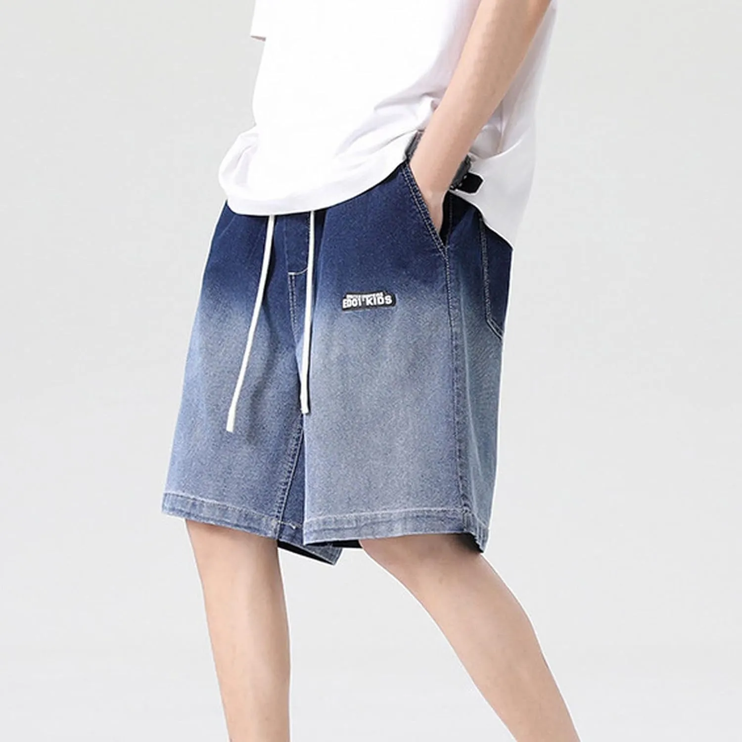 Mens Casual Denim Shorts Elastic Waist Drawstring Wide Leg Loose Fit Blue Color Rolled Hem Washed Summer Shorts