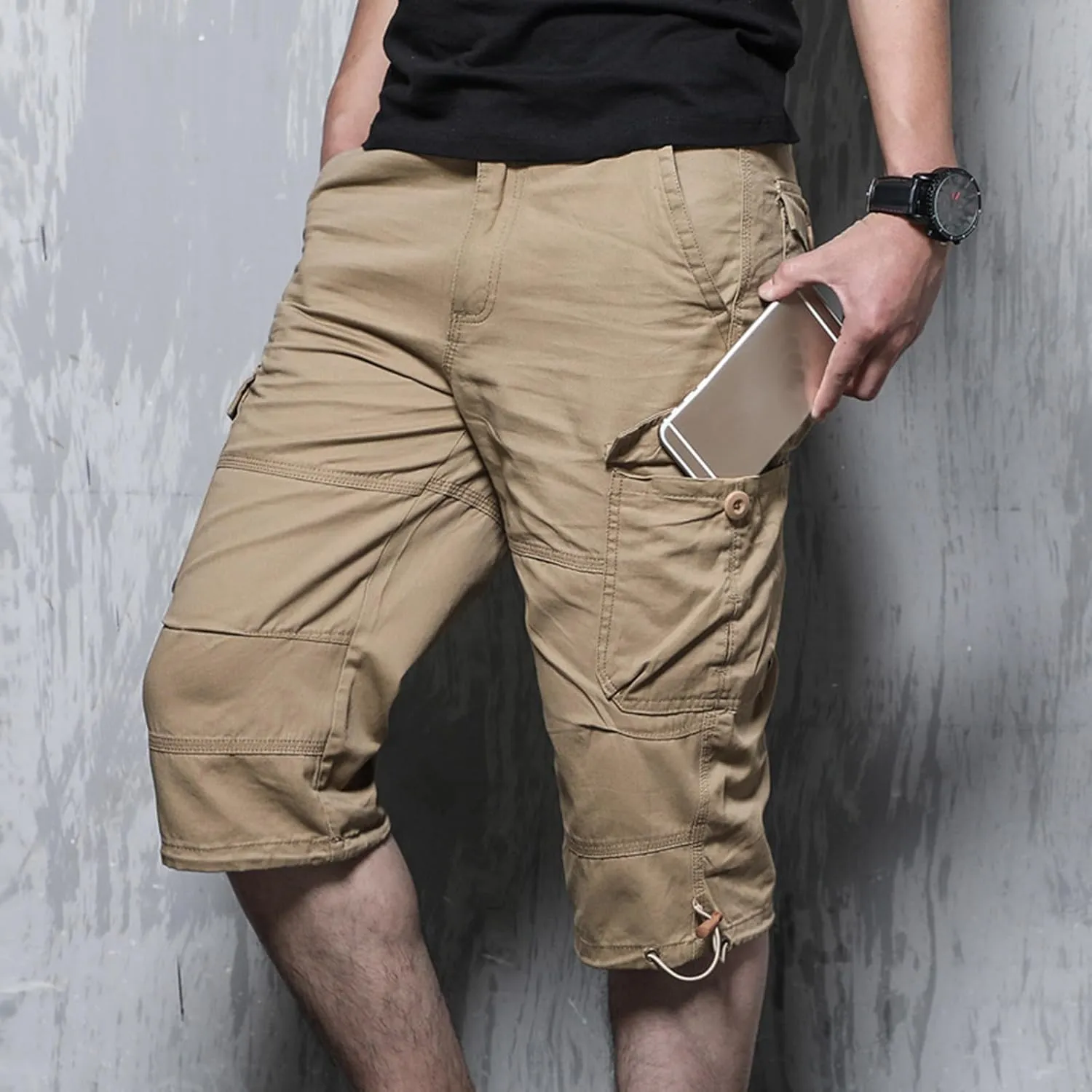 Men's Mid Rise Cotton Capri Hiking Shorts Drawstring Multi Pocket Cargo Shorts 2025 Trendy Elastic Waist Cropped Cargo Pants