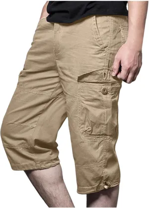 Men's Mid Rise Cotton Capri Hiking Shorts Drawstring Multi Pocket Cargo Shorts 2025 Trendy Elastic Waist Cropped Cargo Pants