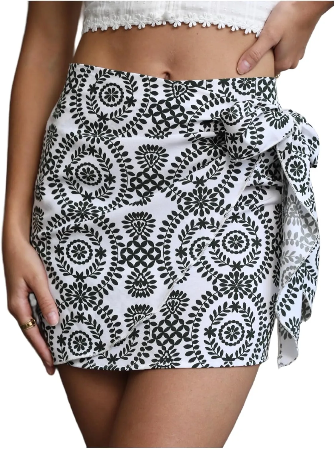Milumia Women's Summer Boho Wrap Mini Skirt Allover Print High Waisted Knot Side Short Vacation Beach Skirt