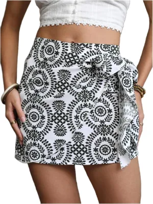 Milumia Women's Summer Boho Wrap Mini Skirt Allover Print High Waisted Knot Side Short Vacation Beach Skirt