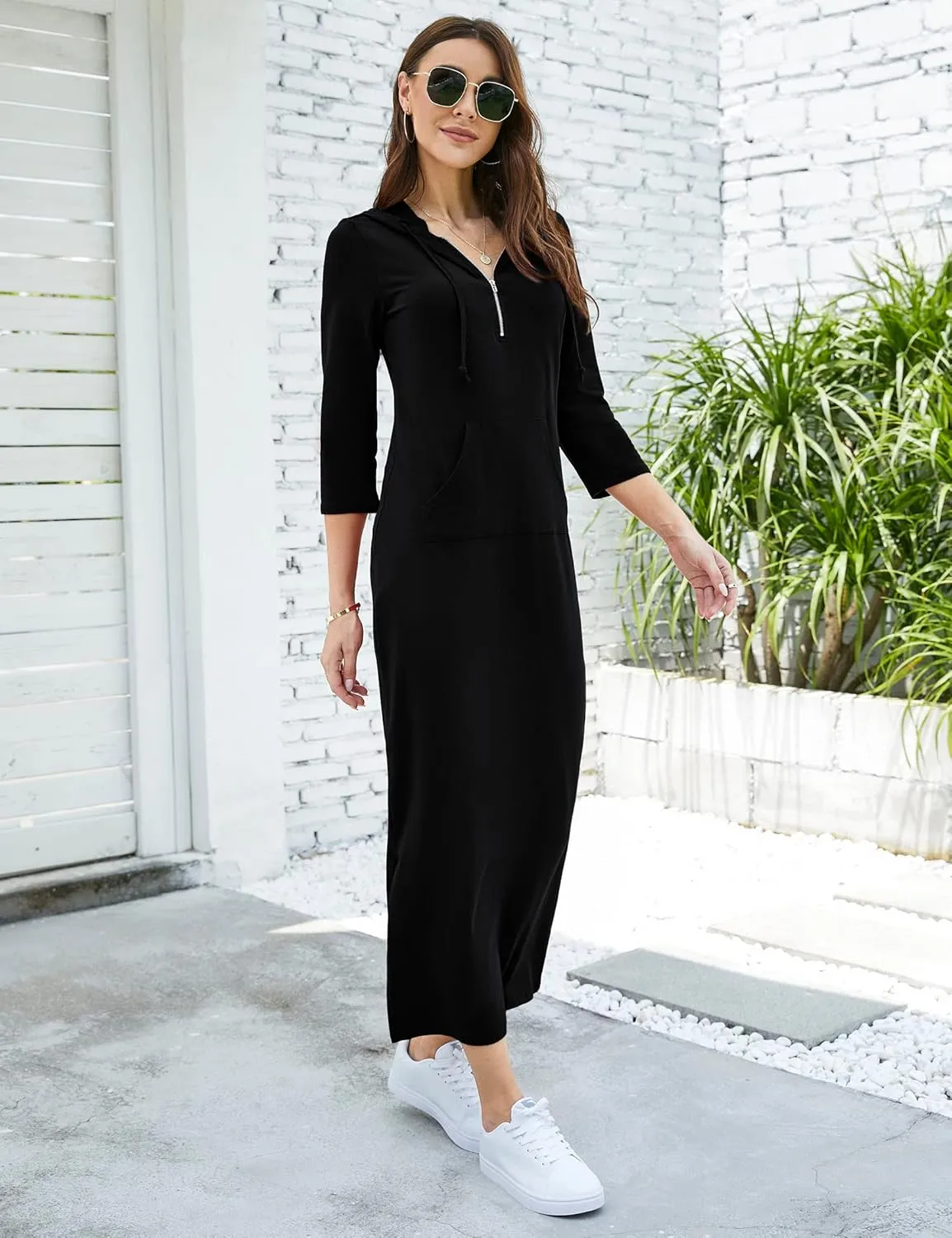 MISSKY Women Casual Pocket Quarter-Zip Neck 3/4 Sleeve Slim Split Pullover Hoodie Maxi Dress