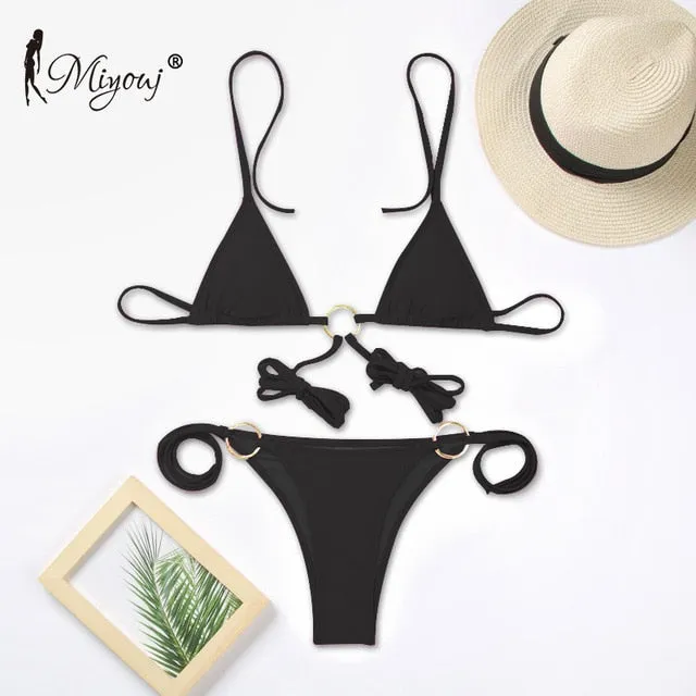 Miyouj Sexy Bandeau Bikini Bandage Swimwear Women Solid Swimwear Bathing Suits Rings Bikini Set Hollow Out Biquini Swimwear