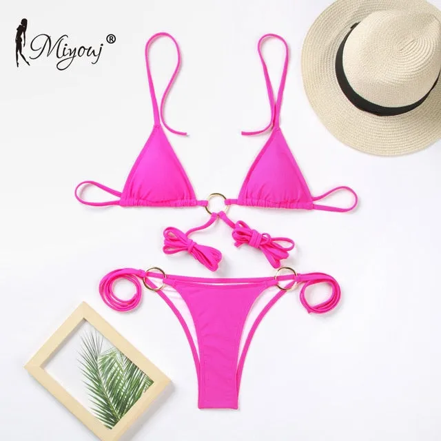 Miyouj Sexy Bandeau Bikini Bandage Swimwear Women Solid Swimwear Bathing Suits Rings Bikini Set Hollow Out Biquini Swimwear