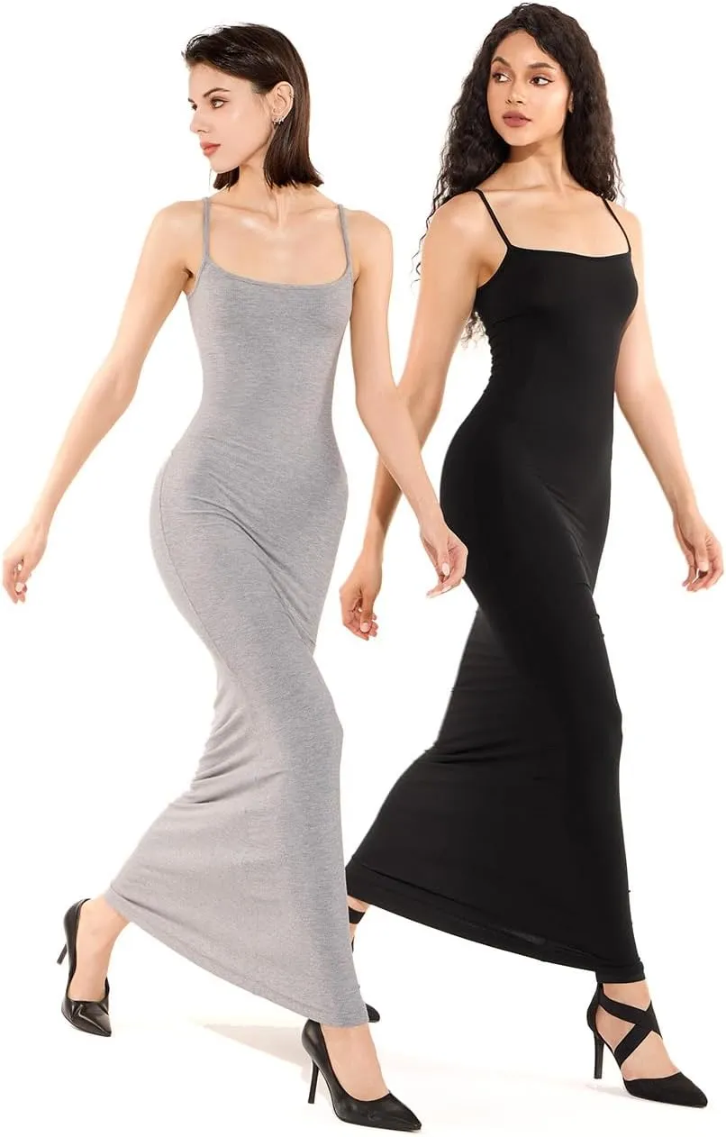 PATTERN HOUR Women's Slip Maxi Dress Long Ribbed Bodycon Dresses Soft Lounge Slipdress for Women