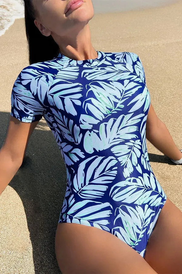 Peachtan Leaf Print One-piece Swimsuit Backless UPF50  Rash Guard