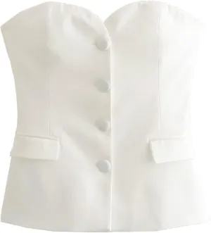 Perbai Womens Sleeveless Blazer Tube Top Off Shoulder Button Front Fitted Strapless Work Business Bandeau Vest