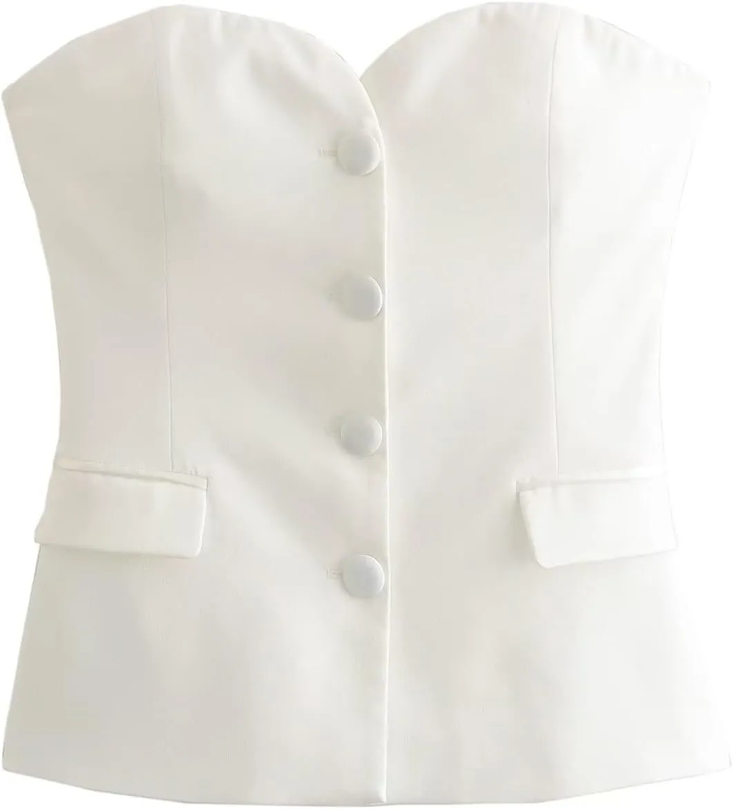 Perbai Womens Sleeveless Blazer Tube Top Off Shoulder Button Front Fitted Strapless Work Business Bandeau Vest