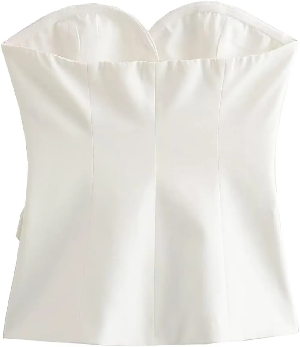 Perbai Womens Sleeveless Blazer Tube Top Off Shoulder Button Front Fitted Strapless Work Business Bandeau Vest