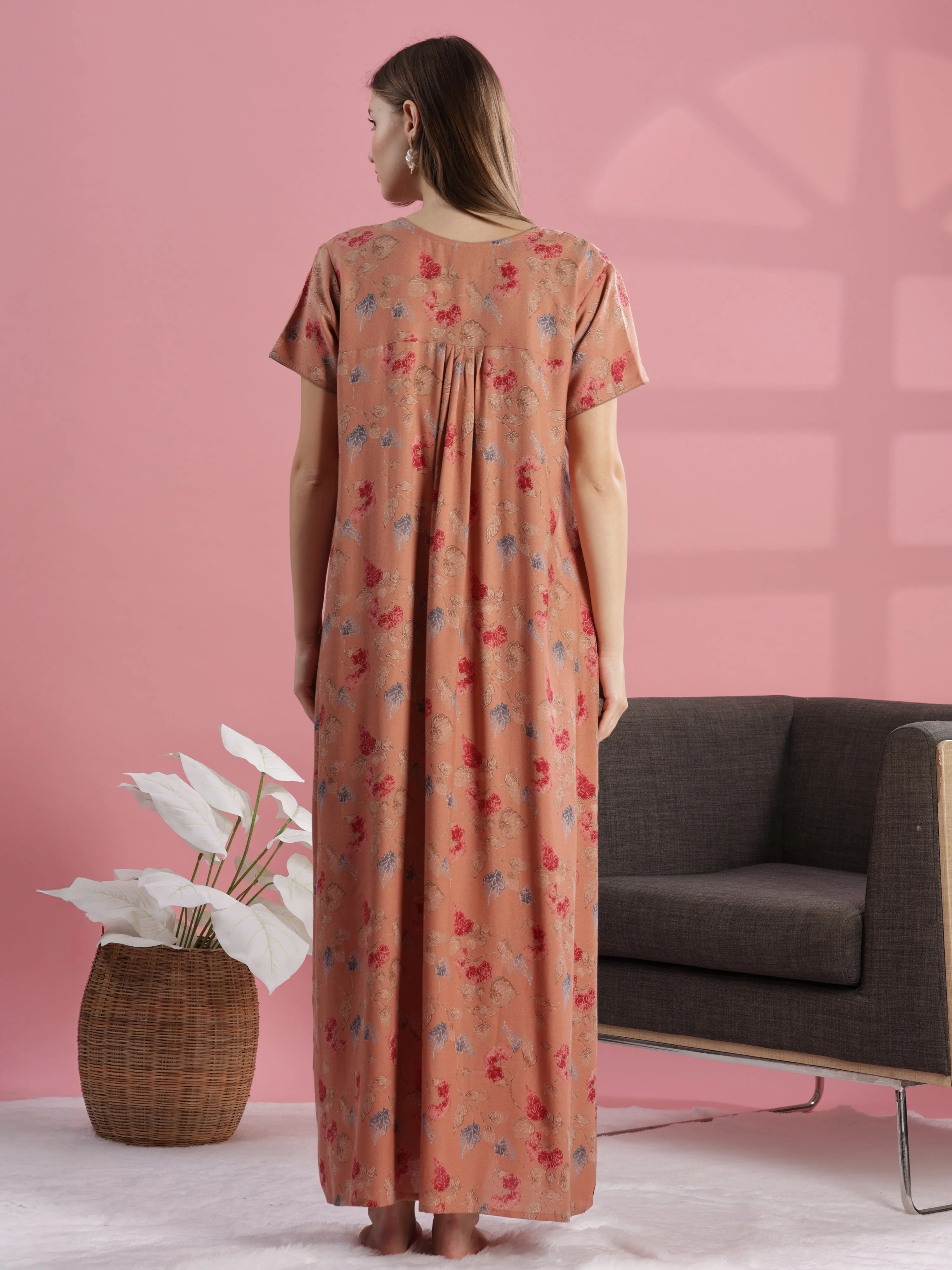 Salmon Peach Alpine Nighty for Women with Floral Embroidery & Pleats