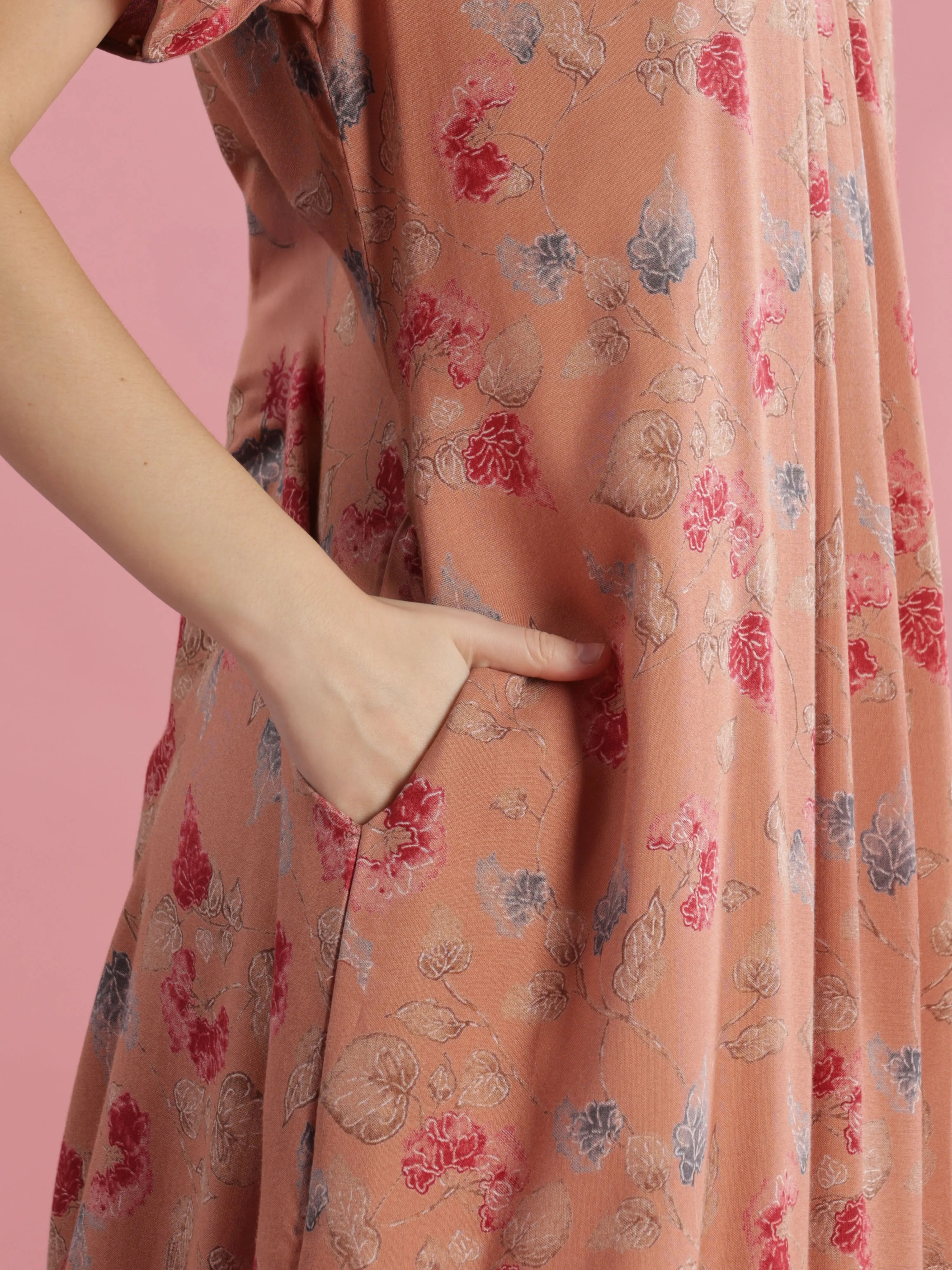 Salmon Peach Alpine Nighty for Women with Floral Embroidery & Pleats