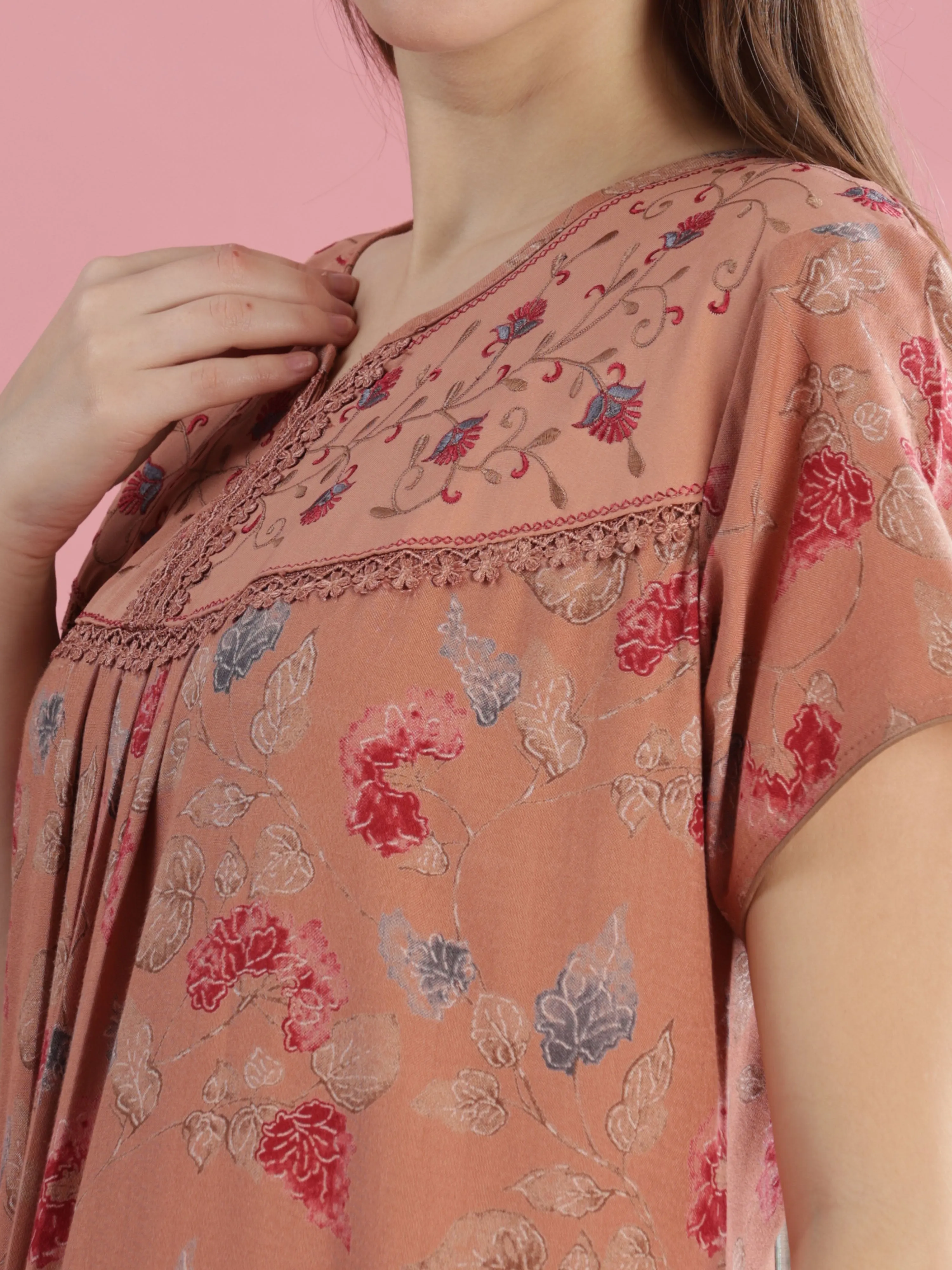 Salmon Peach Alpine Nighty for Women with Floral Embroidery & Pleats