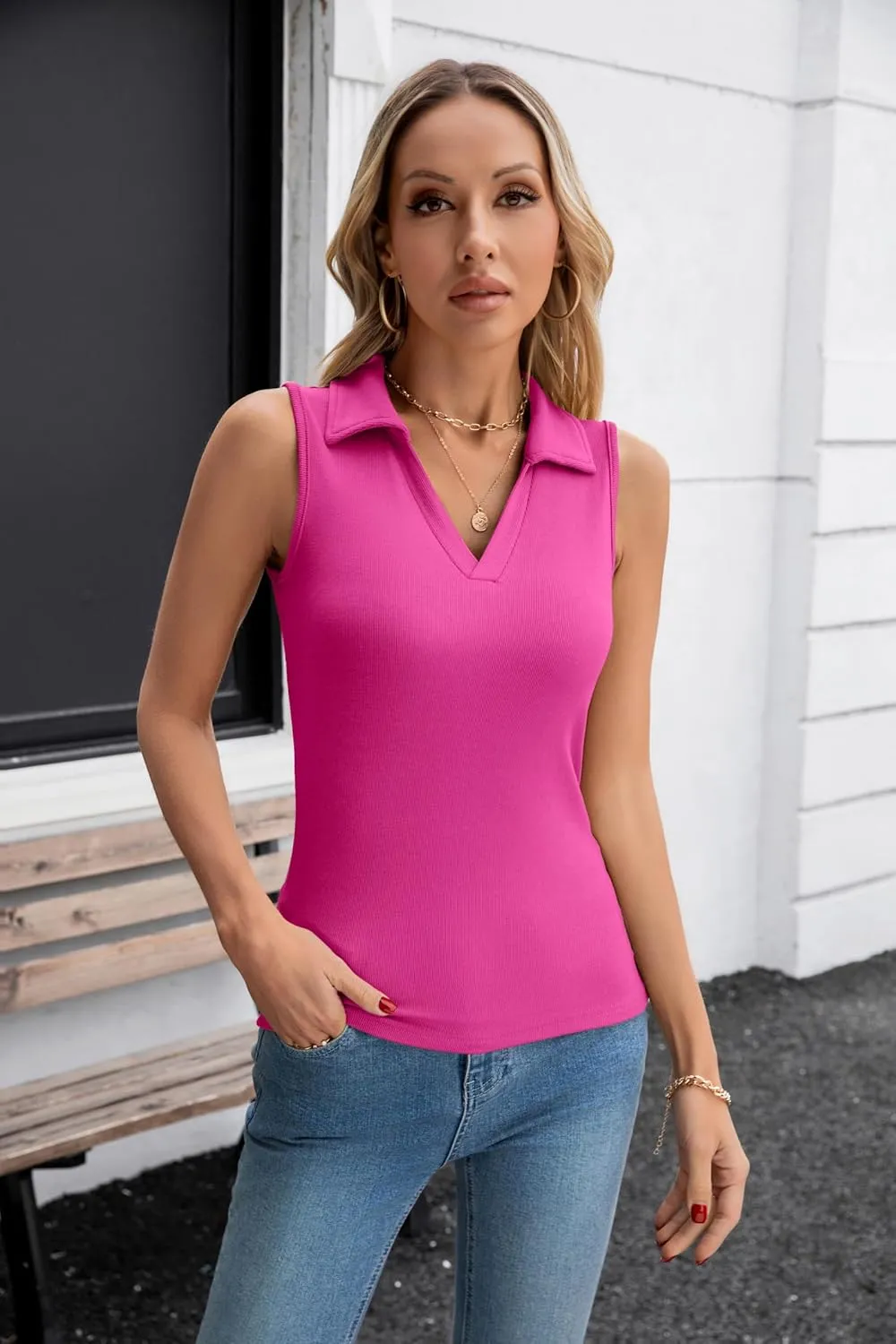 SANDERY Womens Ribbed Tank Top Sleeveless Tops Collared V Neck Polo Shirts Slim Fit Knit Basic Going Out Tops 2025