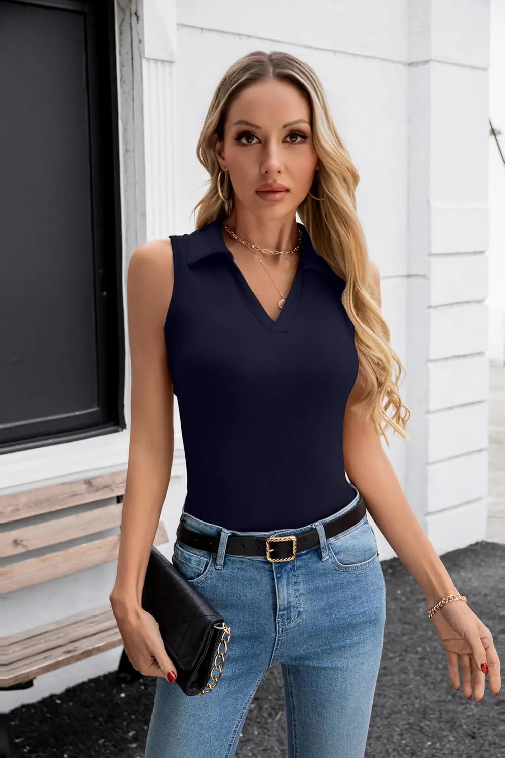 SANDERY Womens Ribbed Tank Top Sleeveless Tops Collared V Neck Polo Shirts Slim Fit Knit Basic Going Out Tops 2025